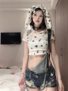 Summer Slim Fit Short Sleeve V-Neck T-Shirt Womens Hot Girl Print Belly Button Baring Short Length Hoodie Commute Korean Style