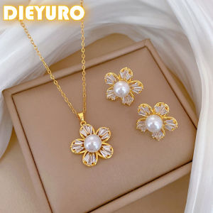 DIEYURO 316L Stainless Steel Steell Zircon Five Leaf Flowers Pearl Pendant Necklace Earrings Set New Trend Elegant Jewelry Gift
