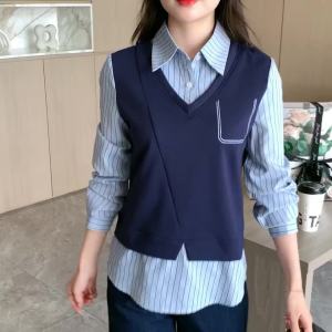 AMMIN 2024 Autumn new simple lapel fashion color contrast positioning stitching fake two shirts female Korean style fashion striped long sleeve elegant blouse