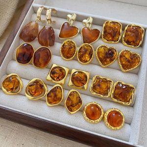 Brown Tiger Eye Stone Earrings Exaggerated Vintage Style Womens Fashion Jewelry Elegant Fall Winter Beauty Alloy Embedded