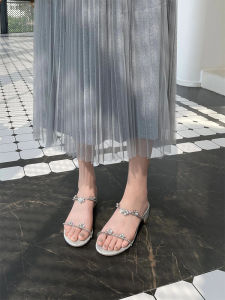 Wang Brother French Crystal Sandals Womens Summer Thick Bottom Outdoor Slippers Fairy Style mid Heel Slip-On Fashion Sandals