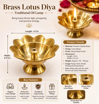 Brass Lotus Diya Traditional Oil Lamp - Elegant Lotus Design Durable Brass Secure Wick Holder Perfect for Worship 6 cm Length 6.5 cm Width 110-130 gm Weight.