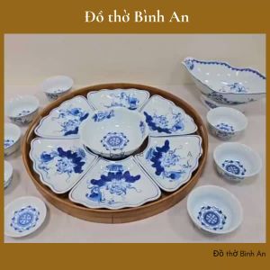 (Loại 1) Bộ bát đĩa ăn hoa Mặt Trời gốm sứ Bát Tràng cao cấp-Đồ thờ Bình An-Decor Phong thủy