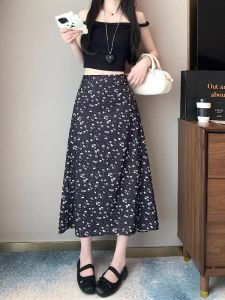 AIYITI | Váy midi chữ A họa tiết hoa đen phong cách Hàn Quốc cho nữ cỡ lớn mùa hè váy chiffon xếp nếp dài vừa phải tôn dáng
