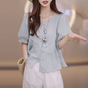 Shalldoer | Casual Style Blue Lace Trim Short Sleeve Shirt Womens Fashion High End Feeling Summer Versatile Top Loose Fit Button Detail