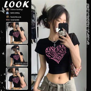 American Style Short Sleeve T-Shirt Womens Summer New Slim Fit Heart Print Crop Top Design Sense Upper Apparel