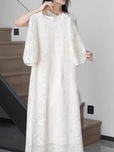 Elegant Lace Hollow out Bubble Sleeve Midi Dress Womens Summer New Style Ageless Lightweight Luxury Feel Commute High Waist A-Line Dress