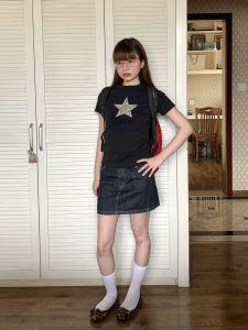 Retro American Black Leopard Print Star Short Sleeve T-Shirt Womens Summer Slim Fit High-End Versatile Spicy Top