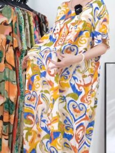 Plus Size Floral Dress Cover Stomach Loose Mid Dress Women Casual Loose Retro Print Long Dress