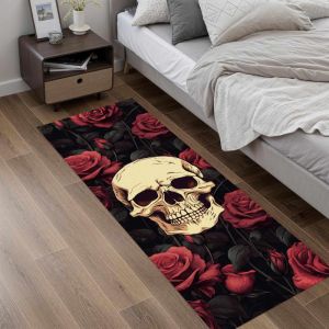VIKAMA Gothic Skull Red Rose Runner Rug Black Background Non Slip Washable Hallway Entryway Corridor Floor Mat Home Decor