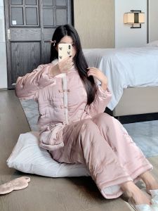 Womens Thickened Coral Fleece Pajamas Set with Embroidery Autumn Winter Home Clothes Long Sleeve Long Pants Outwear