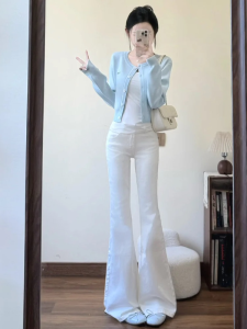 High Waist Slimming Fleece Lined Bell Bottom Jeans Womens Casual Cotton Stretch Denim Zipper Closure Ankle Length Pants