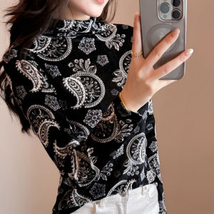 REHIN Paisley Print Mock Neck Long Sleeve Top Fashion Slim Fit Autumn Winter Base T-Shirt for Women