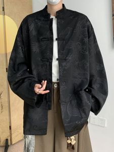 New Chinese Style Dragon Pattern Button down Silk Casual Shirt Mens Loose Fit Stand Collar Long Sleeve Fashionable Spring Shirt