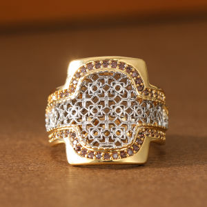Luxury Two-tone Hollow Synthetic Gemstone Ring Copper Material Women Jewelry Ring For Banquet