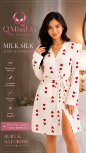 QMissLin Women Long Sleeve Robe Heart Print Sleepwear Soft Milk Silk Home Wear V Neck Tie Waist Lounge Bathrobe QML-0057