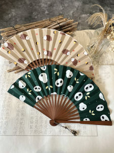 Zhi Mo Original Retro Cartoon Panda Hedgehog Squirrel Fan Cooling Fan Green Beige Cotton Linen Material Handmade Bamboo Bone