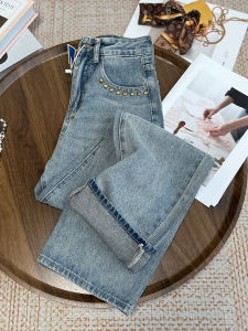 MANMI | Quần Jeans Đùi Rộng Dáng Thẳng Màu Xanh Nhạt Phong Cách Hàn Quốc