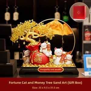 ZHONGGE | Feng Shui Lucky Cat Flowing Sand Painting Ornament