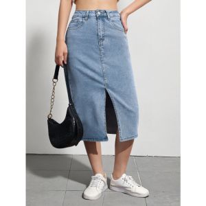 Womens Casual High Waist Denim Skirt Elastic Mid-Length A-Line Mini Skirt Spring Summer Autumn Appropriate Ladies Jeans Skirt