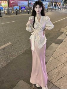 Cherry Blossom Color High Waist Slim Fit V-Neck Shirt Fashionable Pure Color Korean Style Bubble Sleeve Long Sleeve Top