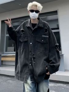Áo Khoác Denim Rách American High Street Dành Cho Nam Mùa Xuân Thu Thời Trang Rộng Rãi Hip Hop Phong Cách Đường Phố Công Sở Thường Ngày