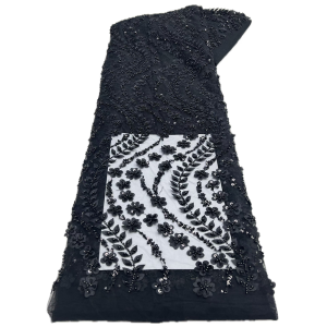 African Lace Fabric 2025: High-Quality French 3D Flower Black Sequins Embroidery Beads Tulle Lace