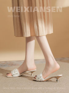 รองเท้าแตะส้นสูงสไตล์ฝรั่งเศส รองเท้าแตะส้นแบนแบบสวมสบายสำหรับผู้หญิงในช่วงฤดูร้อน สีขาว รองเท้าแตะส้นสูงแบบสวมสบายสำหรับกลางแจ้ง