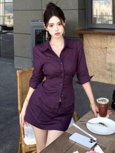 GUZILIAN | Elegant Purple Polo Collar Shirt And Bodycon Mini Skirt Two Piece Set Fashionable Commute Style Five Button Stereo Cutting