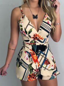 Slim-fit Printed Halter Romper Summer Womens Fashionable Floral Print Strapless Jumpsuit Short Pants mid Waist Straight Leg