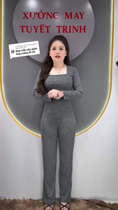 Set đồ bộ Cổ Vuông Tay Dài Quần Suông chất vải thun gân đũa lạnh co dãn dày dặn quần có túi