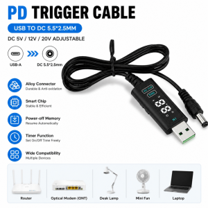 DC 5V 12V 20V Adjustable Voltage Fast Charging Cable USB/Type-C to DC 5.5*2.5MM Suitable for Optical Modems Routers and Laptops