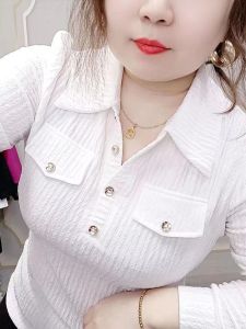 European Goods Fashion Polo Collar Shirt Womens Pleated Polo Collar Tops Spring and Autumn Long Sleeves T-shirt Silm Western Style Shirt