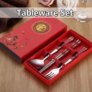 3PCS Tableware Set Portable Chopsticks Spoon Fork with Paper Storage Box Gift Box Set Christmas Gift