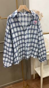 ●ECLAIRE● 043 Kemeja Oversize Cotton Linen Lengan Panjang Longsleeves motif kotak Square Kasual Basic Korea Mode Servie Import Premium