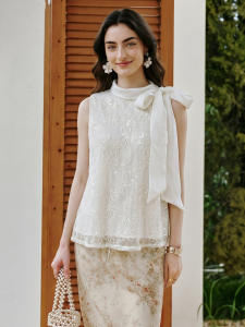 Basic House | Lace Embroidery Sleeveless Summer Bow Tie French Style Blouse