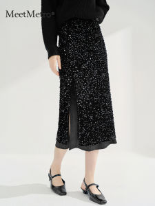 MeetMetro High Waist Shiny Sequin Mini Skirt for Women Black Heavy Work Spring New Style Versatile Fashionable Mid-Length Skirt