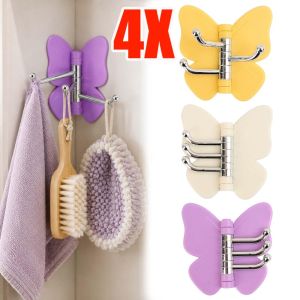 4pcs No-Drill Plastic Rotating Wall Storage Rack / Butterfly 3-Hook Powerful Sticky Hanger / Waterproof Holder for Bags Towels Keys and Daily Small Sundries