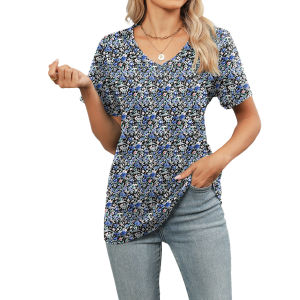 Loose V-neck Short-sleeved Printed T-shirt Womens Summer Fashion Moisture-wicking Thin Polyester Top Casual Regular-length
