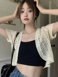 Summer 2025 New Knitted Short Sleeve T-Shirt Hollow out Hook Flower Cardigan Women Thin Outerwear Top Air Conditioning Outerwear