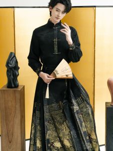 New Original Chinese Style Hanfu Mens Shirt Embroidered Horse Tail Skirt Casual Summer Youth Clothing Traditional National Fashion