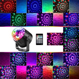 RGB Sound Activated LED Disco Ball Light with Remote Control Rotating DJ Stage Lamp for Home Car Party Club Christmas Decoration