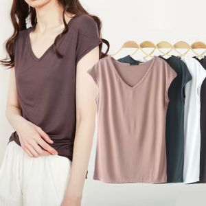 GANLAI Bamboo Fiber T shirts for Women Home Wear Summer Sleeveless Shirt V-neck Top Large Outer Wear Half Sleeved Top Solid Color Modal Cotton Ladies Slim Tshirt Korean Style