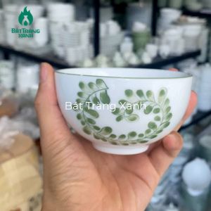 Set Bát Ăn Cơm (chén cơm) Bát Tràng Cao Cấp Hàng Loại I - Bộ Bát Ăn Cơm Men Kem Vẽ Tay Lá Me Xanh