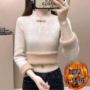 Áo Len Dệt Kim Dày Lót Lông Cừu Một Mảnh Cho Nữ Mùa Thu Đông Mới Phong Cách Cổ Truyền Trang Phục Công Sở Mềm Mại Thoải Mái