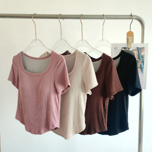 Womens Yoga T-Shirt round Neck Short Sleeve Running Sportswear Breathable Fitness Clothing Fixed Chest Pad Square Collar