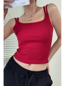 Red Knitted Strap Vest Women Summer Versatile Slim Fit Sleeveless Top Inner Wear Shoulder Strap Cover Side Breast No Sleeve Shirt