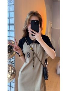 Color Block Polo Collar Dress Women Summer New Loose Knee Length Shoulder T-Shirt Dress A-Line Silhouette Pure Color High Waist