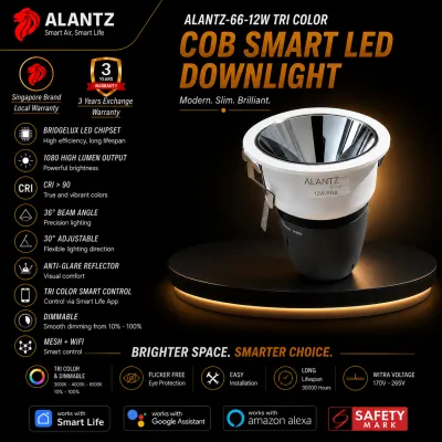 ALANTZ AL66 -12W SMART COB TRI COLOR LED DOWNLIGHT BRIDGELUX LED CHIPSET Works with Smart-life App Google N Alexa
