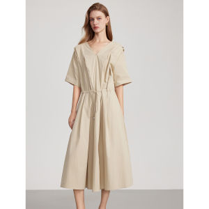 ELLE French Minimalist Commute Dress Womens Summer New High Waist Slim A-Line Long Dress Elegant Straight Tube Skirt V-Neck